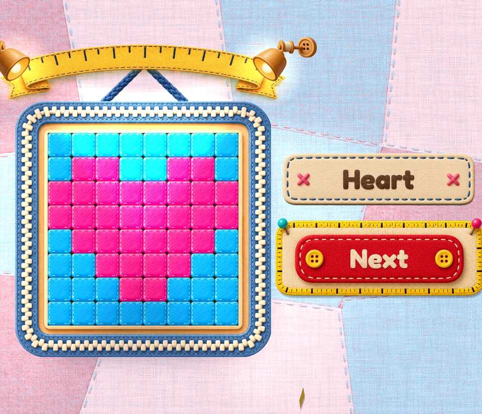 Colour Parade: a felt picture of a heart in a zipper frame, with its name and a Next button